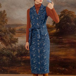 Sleeveless Floral Print Button-up Denim Midi Dress