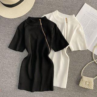Short Sleeve Zip Detail Knit Dress