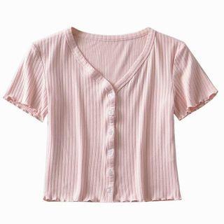 Buttoned Short-sleeve Ribbed T-shirt