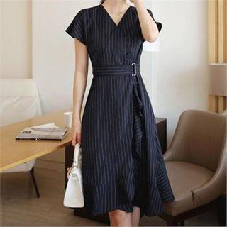 Ruffle-trim Stripe Dress With Belt