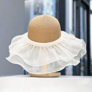 Faux Pearl Mesh Panel Woven Bucket Hat