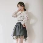 Set: Hanbok Peplum Top (floral / Ivory) + Skirt (mini / Charcoal Gray)