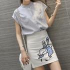 Set: Band Collar Short-sleeve Shirt + Embroidered A-line Skirt