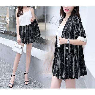 Set: Elbow-sleeve Striped Blazer + Spaghetti Strap Top + Wide-leg Shorts