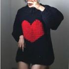 Heart Print Oversized Sweater Black - One Size