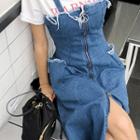 Zip-up Long Denim Suspender Dress