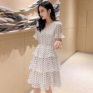 V-neck Dotted A-line Chiffon Layered Dress