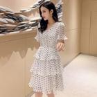 V-neck Dotted A-line Chiffon Layered Dress