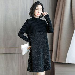 Mock Neck Print Panel Mini A-line Sweater Dress