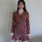 Long-sleeve Floral Printed Dress / Long-sleeve Mock Neck Lace Top