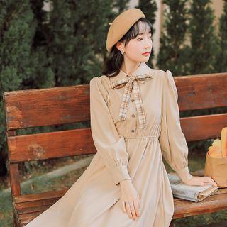 Lapel Bow Long-sleeve Dress