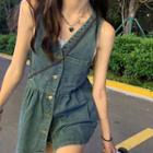 Button-up V-neck Denim Dress