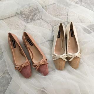 Chunky Heel Square Toe Two Tone Bow Pumps