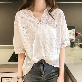 V-neck Eyelet Lace Elbow-sleeve Blouse