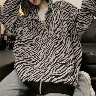 Zebra Print Zipped Hooded Jacket