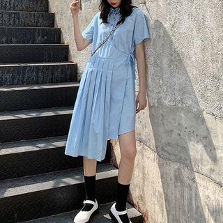 Short-sleeve Laceup String Accordion Pleat Shirtdress