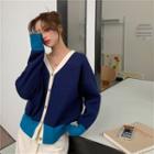 V-neck Color Block Cardigan Blue - One Size
