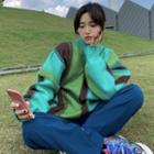 Long-sleeve Color Block Pullover As Shown In Figure - One Size