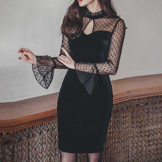 Long Keyhole Front Mesh Panel Mini Bodycon Dress