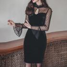 Long Keyhole Front Mesh Panel Mini Bodycon Dress
