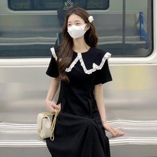 Short-sleeve Ruffle Tim Collar Midi A-line Dress