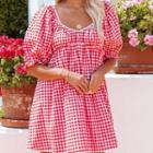 Gingham Elbow-sleeve Smock Dress