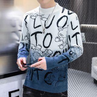 Mock-neck Lettering Bear Print Knit Top