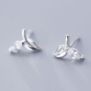 925 Sterling Silver Rhinestone Leaf Earring S925 Silver Stud - 1 Pair - Silver - One Size