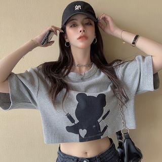 Short-sleeve Cropped Bear Print T-shirt
