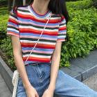 Short-sleeve Striped Pointelle Knit Top As Shown In Figure - One Size