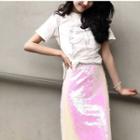Sequined Midi Skirt / Print Short-sleeve T-shirt