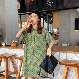 Elbow-sleeve Mini Plaid Shirtdress Green - One Size