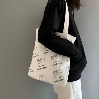 Cartoon Sheep Print Tote Bag White -