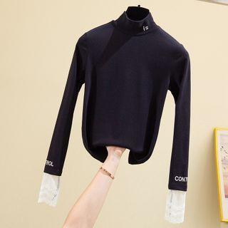 Long-sleeve Lettering Embroidered Lace Trim Mock-neck T-shirt