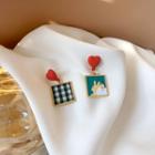 Heart Rabbit Plaid Square Asymmetrical Dangle Earring 1 Pair - Bluish Green - One Size