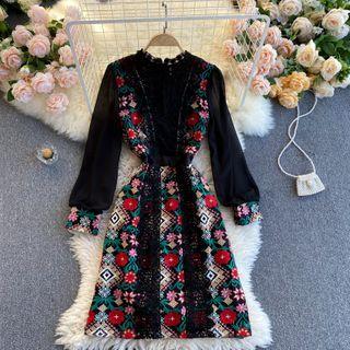 Long-sleeve Floral Embroidered Lace Trim A-line Dress