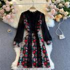 Long-sleeve Floral Embroidered Lace Trim A-line Dress