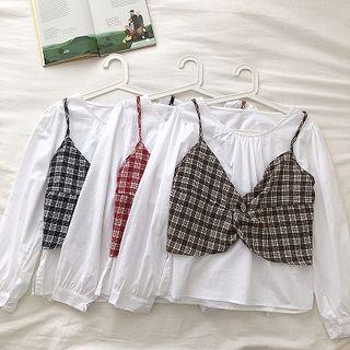 Set: Plain Long-sleeve Blouse + Color-block Plaid Strap Top