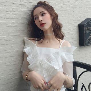 Short-sleeve Frill-trim Cold Shoulder Top