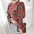 Puff-shoulder Bell-sleeve Floral Top