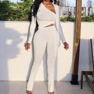 Set: Long-sleeve Drawstring Cropped T-shirt + Skinny Pants