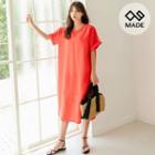 Plus Size Elbow-sleeve Linen Shift Dress