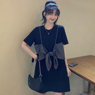 Mock Two-piece Short-sleeve Bow Dress Black - One Size