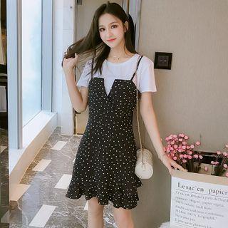 Set: Short-sleeve T-shirt + Spaghetti Strap Dotted A-line Mini Dress