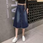 Midi A-line Denim Skirt / Lettering Belt
