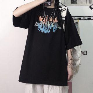 Fire-print Short-sleeve Round Neck T-shirt