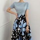 Short-sleeve T-shirt / Flower Print Midi A-line Skirt