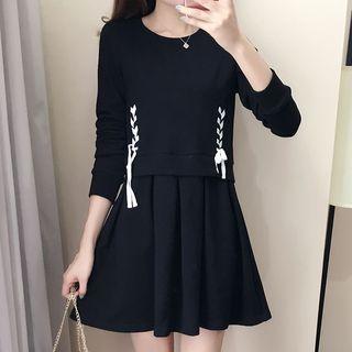 Mock Two-piece Lace-up Detail Long-sleeve Dress