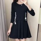 Mock Two-piece Lace-up Detail Long-sleeve Dress