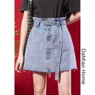 Paperbag High-waist Denim Skirt With Belt